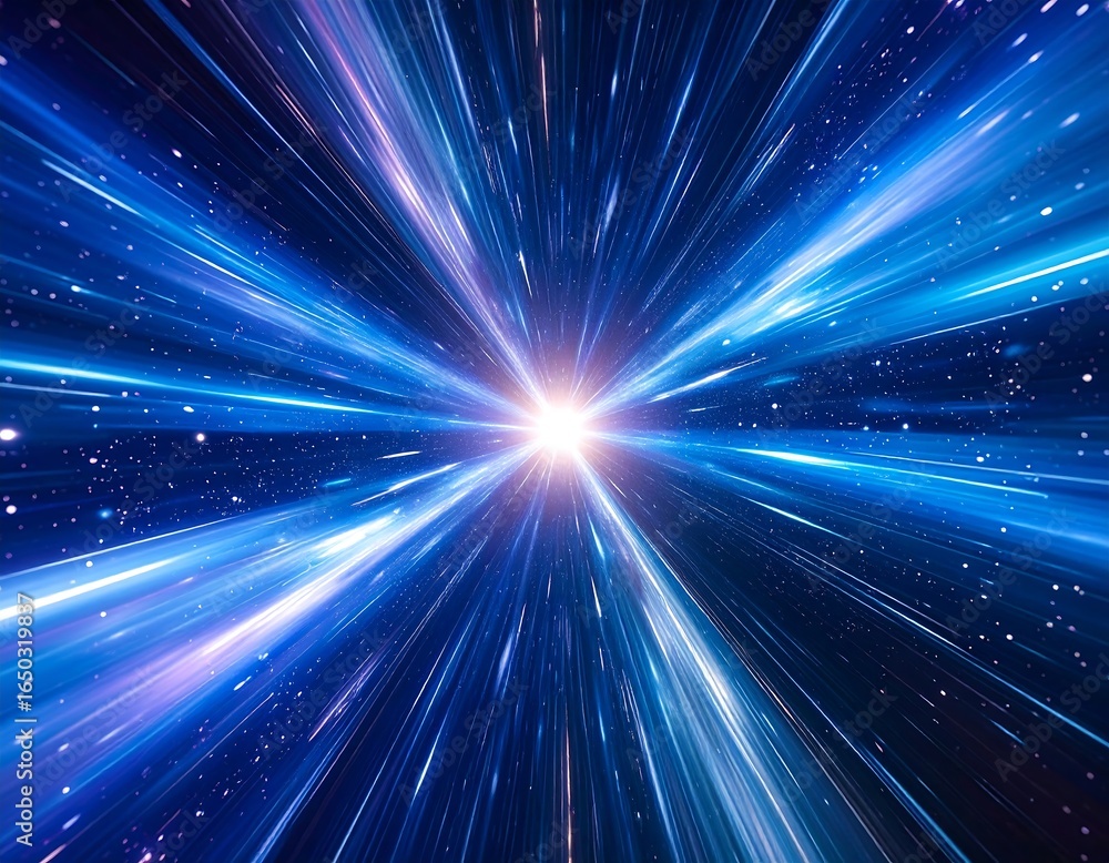 Fototapeta premium Bright light streaks radiate outwards, creating a sense of speed and movement against a dark, starry backdrop