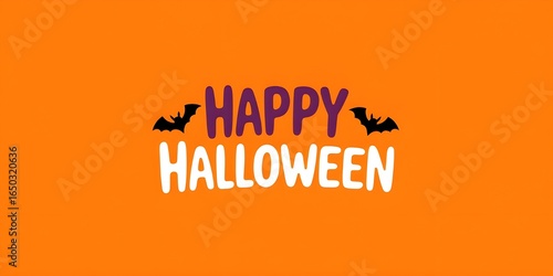happy halloween text with bats on orange background, festive greeting design for seasonal, spooky, and holiday celebrations