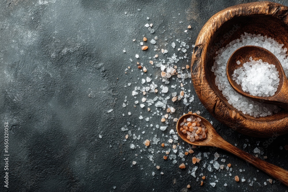 Fototapeta premium Wooden bowls and spoons with different types of salt on dark textured surface