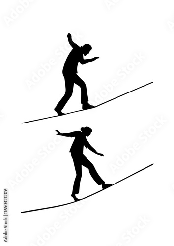 Silhouettes of a Man and a Woman Walking on a Tightrope