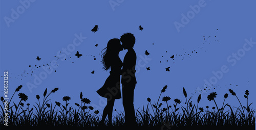 Romantic silhouette couple kissing in flower field with butterflies, intimate embrace, nature scenery, passion, affection, wedding, Valentine’s Day illustration artwork