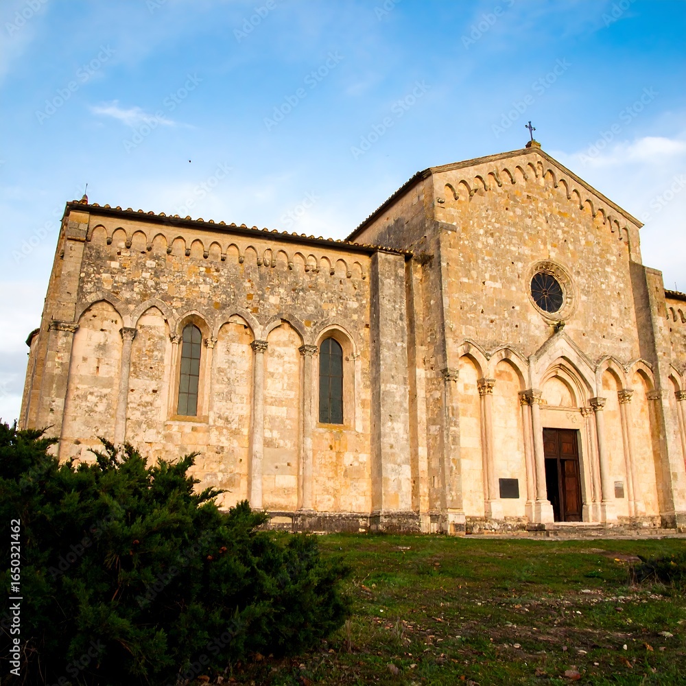 Obraz premium Ancient stone church facade, low angle view, set against a clear blue sky