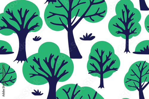 Seamless pattern of stylized trees with green foliage and dark blue trunks on a hand drawn set of white background repeating