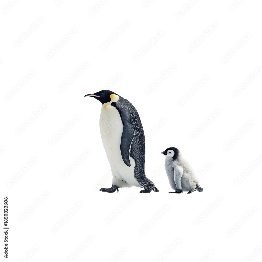 Fototapeta premium Png of An adult Emperor penguin stands beside its fluffy chick, showcasing the bond between parent and offspring in a wintry setting.