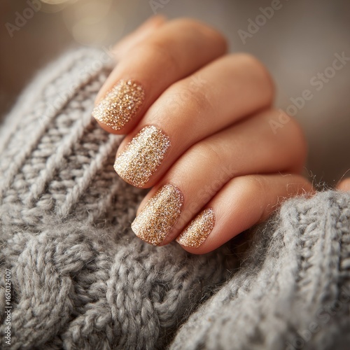 Close-up of hands with gold glitter nails on a gray sweater