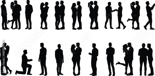 Silhouette couples in diverse romantic poses, love and affection, intimate embrace, unity, emotional bond, wedding, Valentine’s Day, artistic relationship design illustration