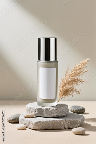 Elegant Skincare Product Mockup:  Blank Label, Natural Stones & Pampas Grass