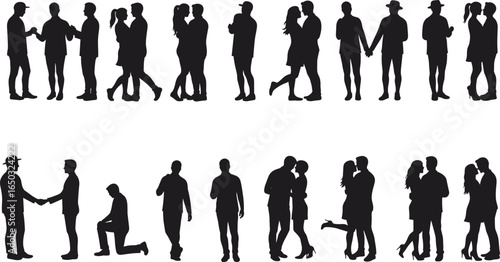 Silhouette couples and friends in affectionate and social poses, love, unity, diversity, emotional bond, wedding, Valentine’s Day, relationship illustration