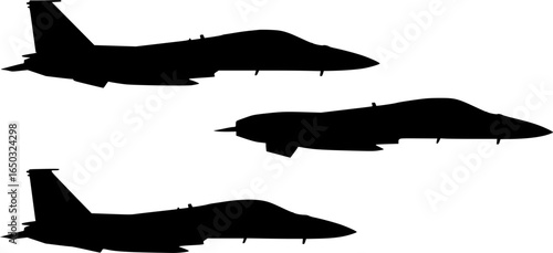 Silhouette of a fighter jet with a pilot wearing a helmet shown in a side view on a white background | editable eps vectors