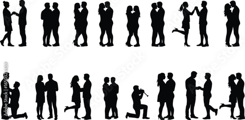 Silhouette couples in romantic, joyful, and affectionate poses, love and companionship, diverse relationships, unity, Valentine’s Day, wedding, emotional connection illustration