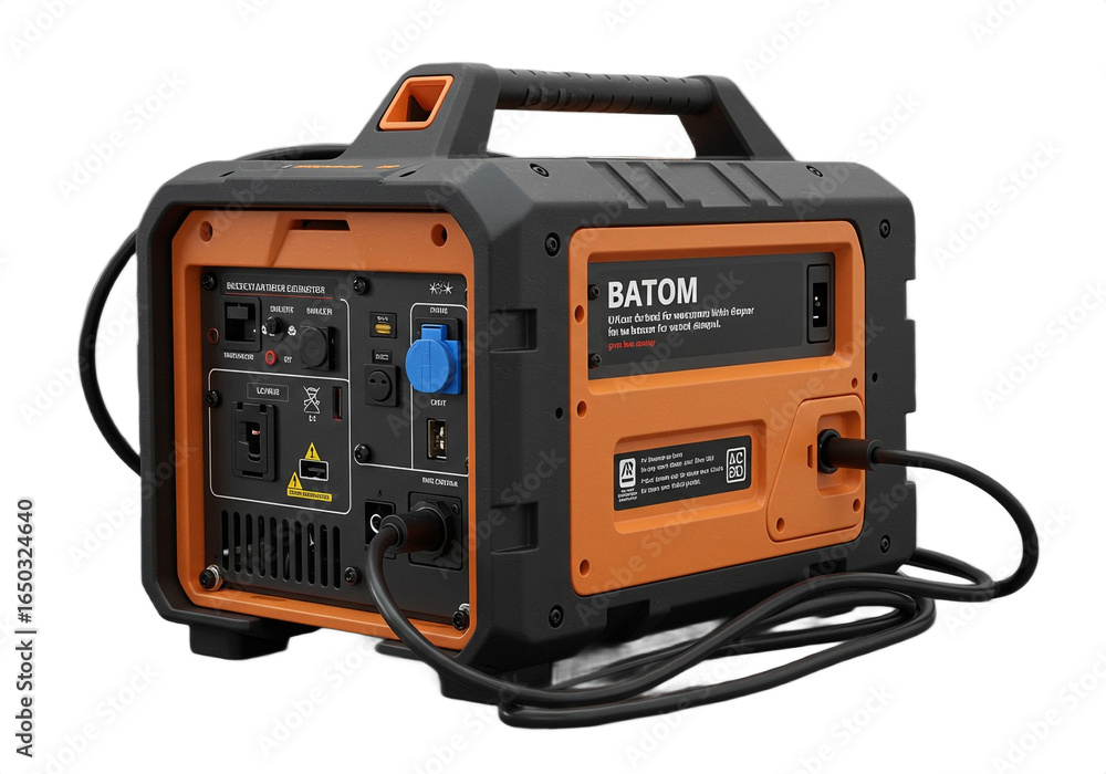 Close up shot of a batom portable generator with cables on a white background studio shot Close up shot of a batom portable generator with cables on a white background studio shot