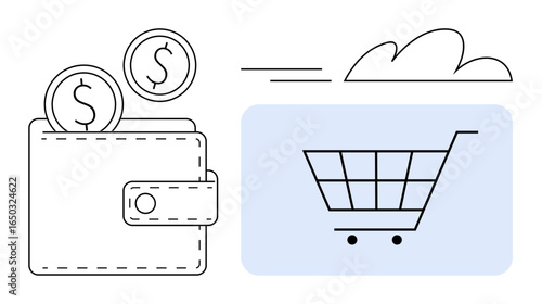 Wallet with coins beside a shopping cart, representing financial management, shopping, and e-commerce. Ideal for retail, budgeting, online transactions, payment services, consumer behavior digital
