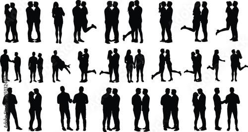 Silhouette couples in various romantic and friendly poses, love and affection, diverse relationships, intimate embrace, wedding, Valentine’s Day artistic design illustration