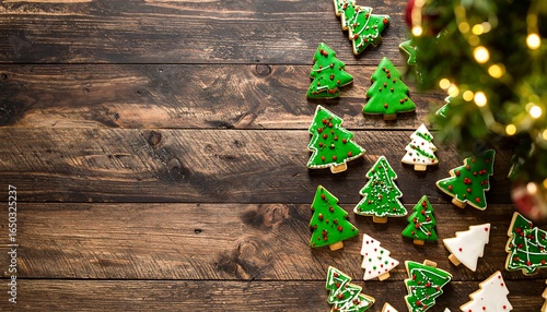 Christmas cookies arranged on a wooden table with a Christmas tree in the background