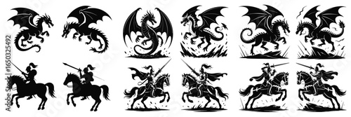 Dragons and Knights Silhouettes Medieval Fantasy Creatures and Warriors on Horseback, Black and White Art