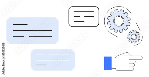 Gears signifying process, text boxes denoting communication, and a pointing hand guiding focus. Ideal for teamwork, collaboration, instruction, process, guidance interaction communication. Simple