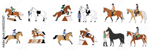 Equestrian Art Horse and Rider Illustrations Jumping, Trotting, and Grooming Scenes on White Background