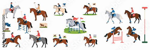 Horses with Riders in Equestrian Sports, Show Jumping, and Polo Training Illustration Set
