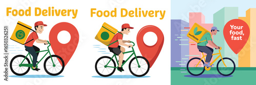 Food Delivery Service Illustration Cyclist with Yellow Bag, Red Location Pin, and City Background Graphics