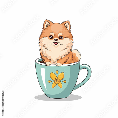 A charming cartoon puppy with soft brown fur happily sits inside a light blue teacup with a yellow flower