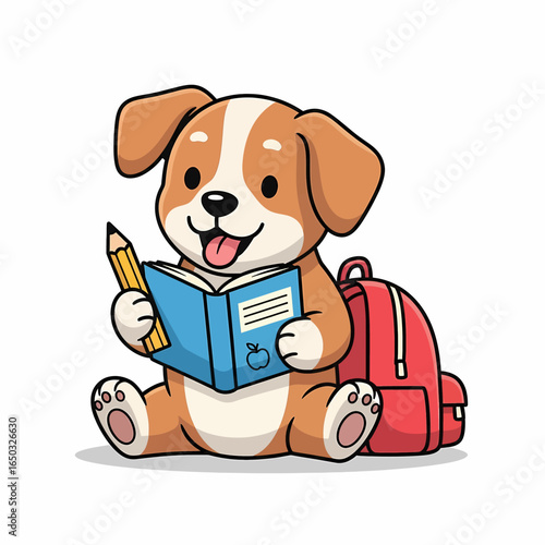 An adorable cartoon puppy is happily reading a book and holding a pencil, sitting next to a red backpack