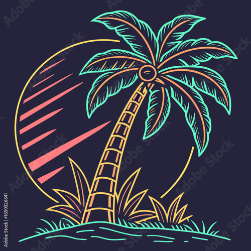 Neon palm tree at sunset with circular sun rays tropical