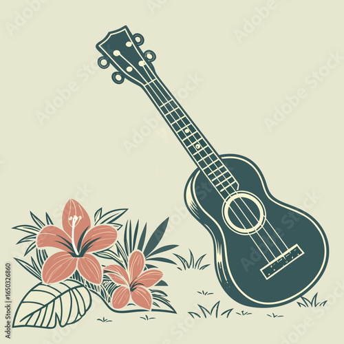 Ukulele and hibiscus flowers on a neutral background