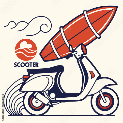 Scooter with Surfboard and Ocean Wave Logo moped surfing