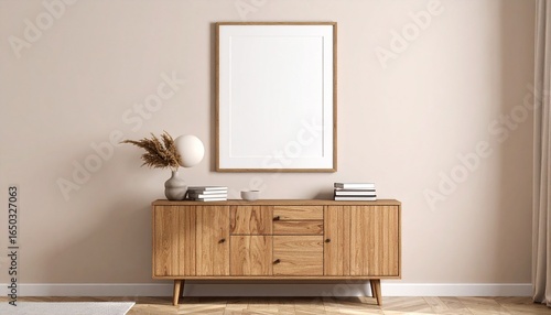 Mockup poster frame on beige wall above a wooden sideboard in a modern minimalist living room interior