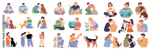 People with Pets Illustration Dogs, Cats, Fish, Birds, Rodents, and Owners Bonding