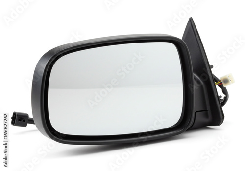 A side view mirror of a car with black plastic casing on a white background in a studio shot