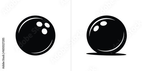 Two Black Bowling Ball Illustrations with Three Holes for Fingers Isolated on White Background