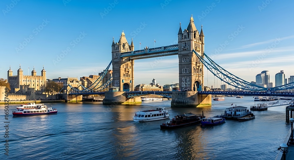 Naklejka premium Iconic London skyline featuring Tower Bridge and River Thames on a sunny day