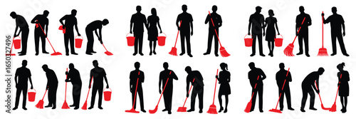Silhouette People Cleaning with Brooms and Mops, Red Buckets Isolated on a White Background
