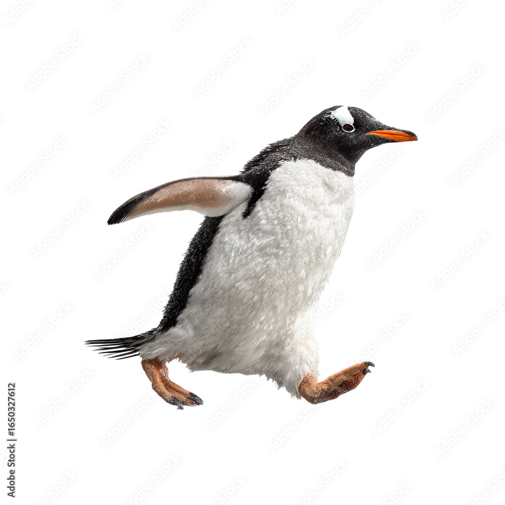 Obraz premium Png of A charming Gentoo penguin in mid-stride, showcasing its vibrant orange beak and distinctive white markings.