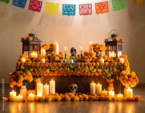 Day of the Dead Altar with Marigold Flowers and Sugar Skulls