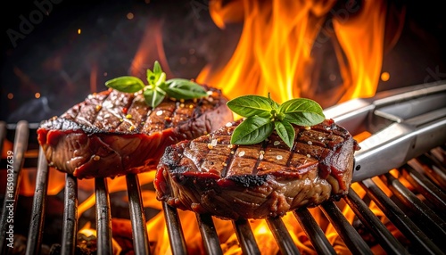 Grilled steaks sizzling on a barbecue (1)