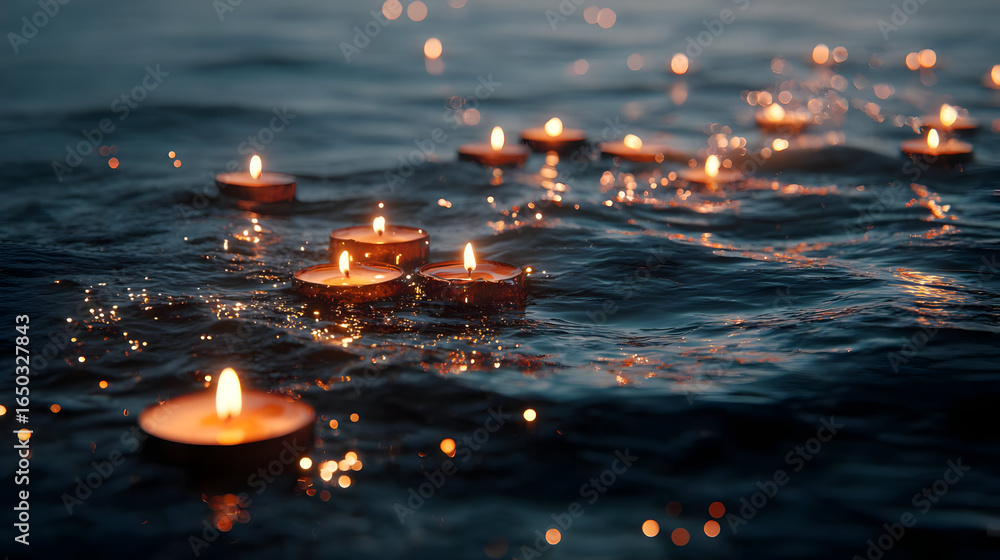 Fototapeta premium Floating Candles on Dark Water at Night
