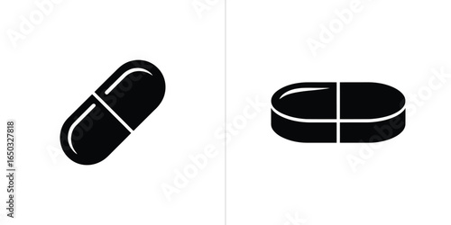 Two Isolated Black Pill Icons Capsule and Tablet on White Background