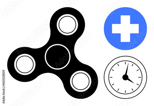 Fidget spinner alongside a medical cross and clock illustrating stress relief, healthcare, focus, and time efficiency. Ideal for wellness, productivity, creativity, mental health, self-care leisure