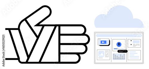Simplified thumbs-up icon with cloud and dashboard visuals. Ideal for teamwork, success, data management, productivity, online collaboration, technology, decision-making. Simple flat metaphor