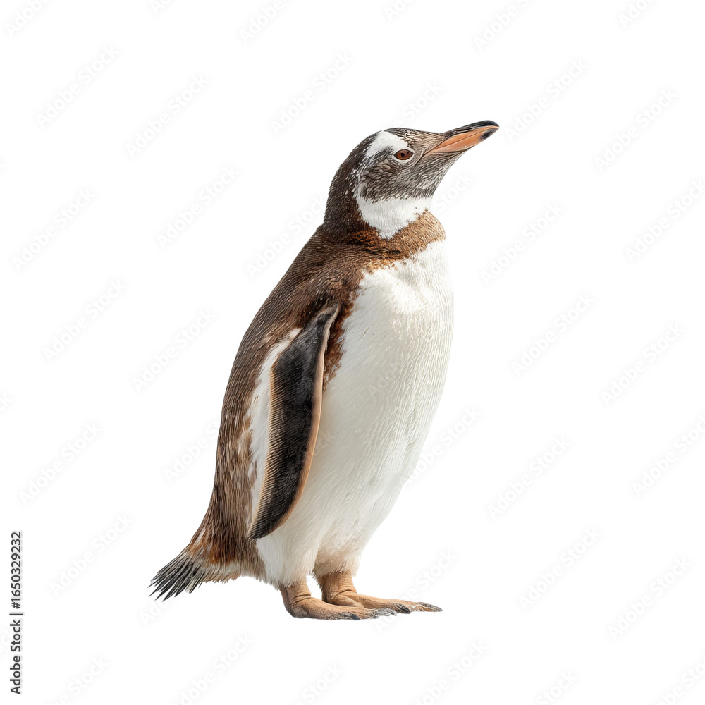 Fototapeta premium Png of A curious brown and white penguin stands proudly, showcasing its sleek feathers and expressive demeanor.
