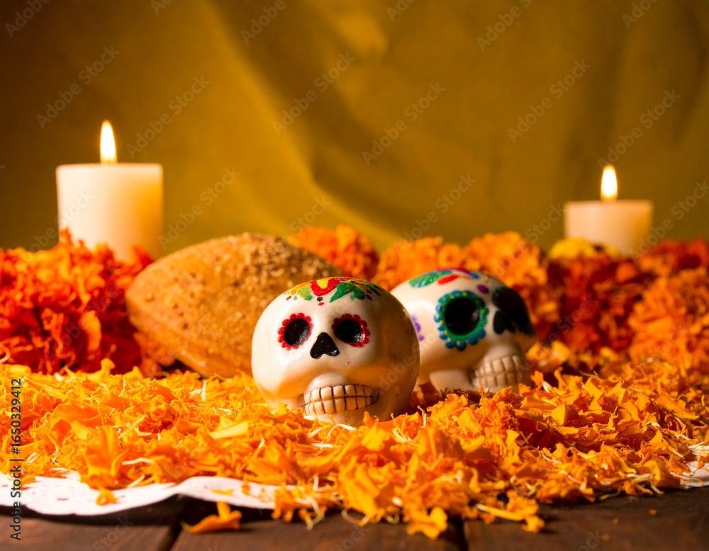 Fototapeta premium Day of the Dead Altar with Marigold Flowers and Sugar Skulls