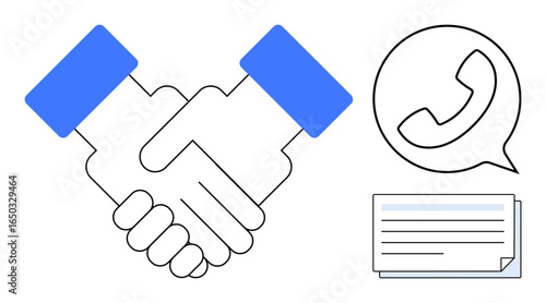 Handshake representing agreement, chat bubble with phone for communication, document for formalities. Ideal for teamwork, partnerships, negotiation, networking, customer service, contract simple