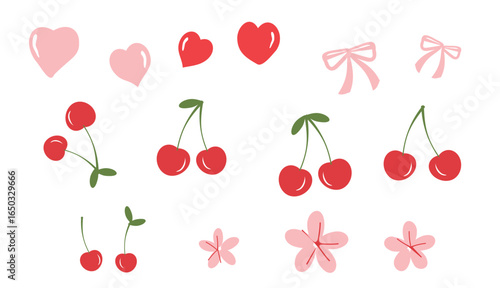 Hand drawn hearts, pink ribbon bow, cherries with green leaves and cute flower icon signs isolated on white background vector.