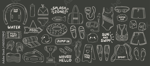 Hand drawn doodle set of swimming and pool accessories on a dark background. Includes swimsuit, goggles, flippers, lifebuoy, snorkel, bag, and fun water elements for summer party design