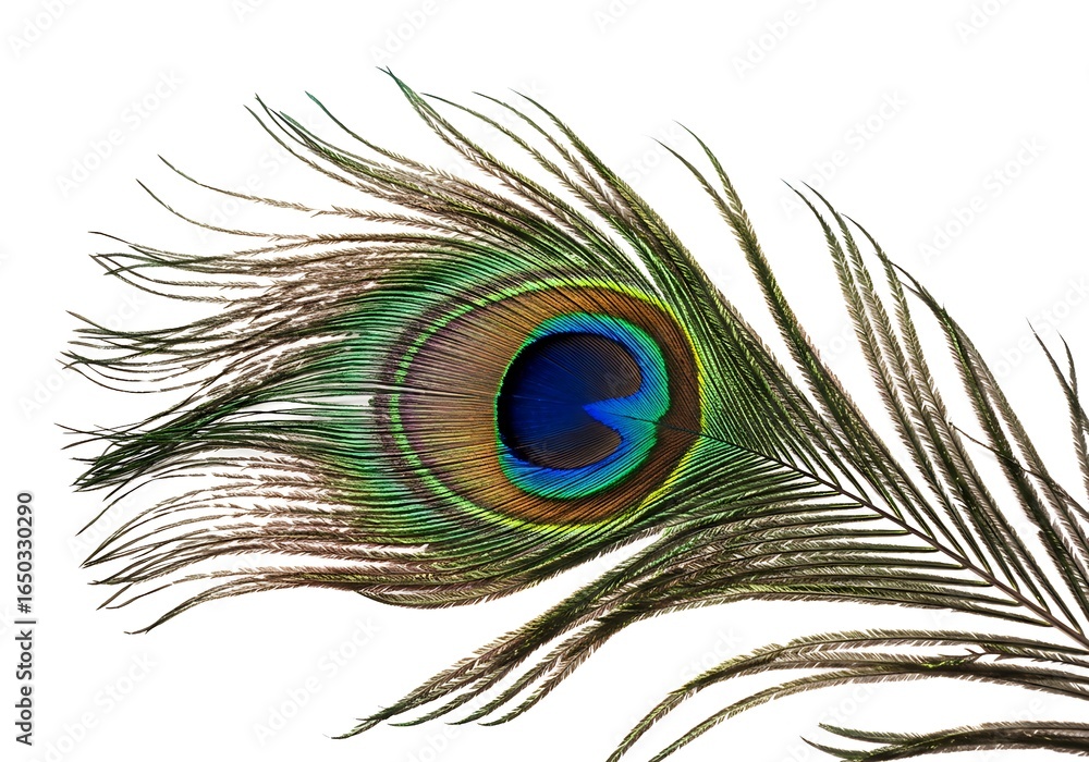 Obraz premium A vibrant and colorful peacock feather with a distinctive blue and green 