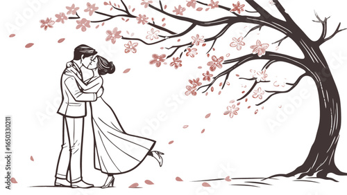 Romantic wedding couple kissing under cherry blossom tree vector illustration drawing design art graphic
