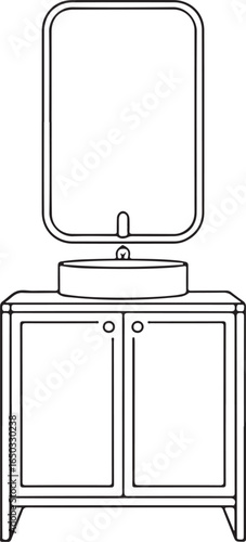 Modern bathroom vanity with vessel sink and rounded mirror line drawing