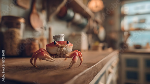 Red Crab Wearing Chef Hat on Wooden Kitchen Counter